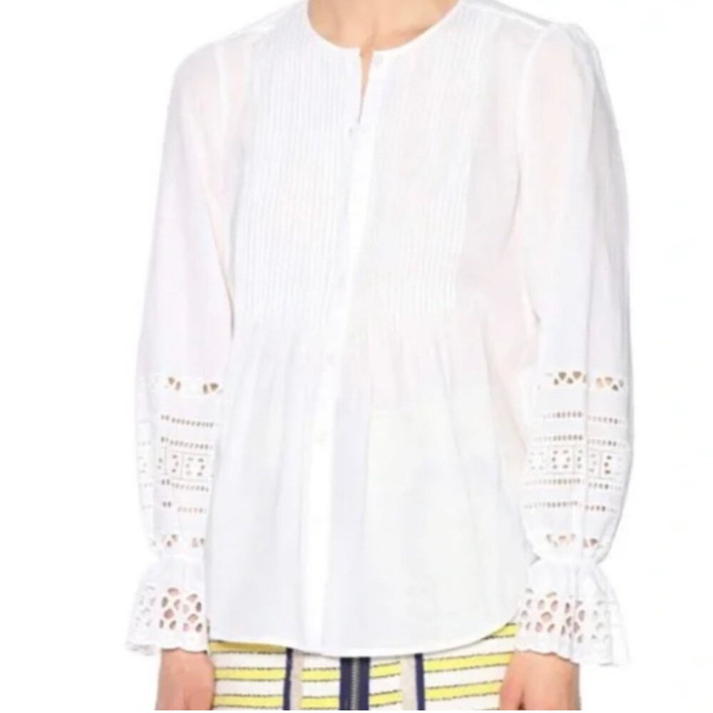 Veronica Beard Milli White Long Eyelet Sleeve Button Down Pin Tuck Blouse Size 8